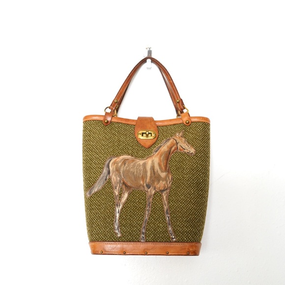 burlap Handbags - 1960s Burlap Cloth Quilted Equine Leather Trim Handbag Great